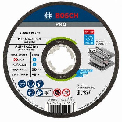 Disco de corte Bosch PRO para aço inoxidável e metal, etiquetas e ícones de segurança visíveis