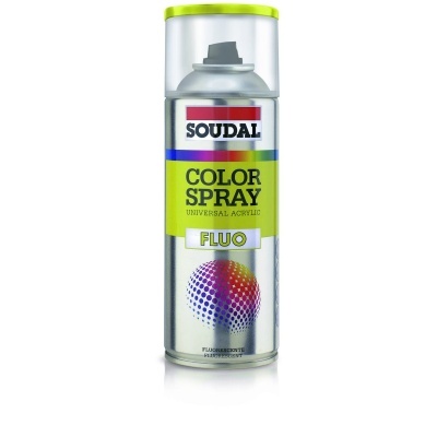 Spray de tinta aerosol SOUDAL COLOR SPRAY FLUO com etiqueta colorida e tampa transparente