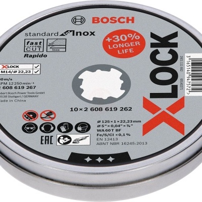 Disco de corte Bosch X-LOCK inox em embalagem metálica redonda prateada