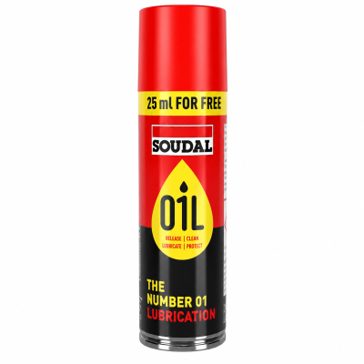 Frasco de óleo lubrificante Soudal em spray com rótulo vermelho, preto e amarelo