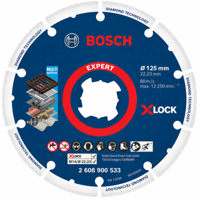 Disco de corte Bosch Expert azul com segmentos de diamante e texto técnico visível