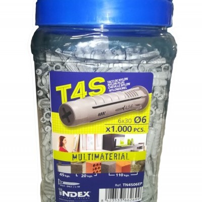 Frasco plástico com tampa azul e tachas de nylon cinzentas T4S 6x30 Ø6 1000 pcs