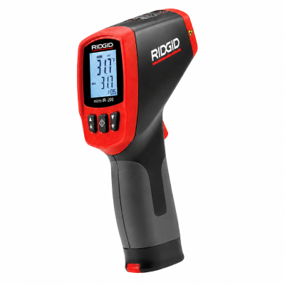 termómetro infravermelho RIDGID micro IR-200 em preto e vermelho com visor digital azul