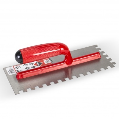 Espátula dentada com cabo vermelho preto e lâmina metálica dentada