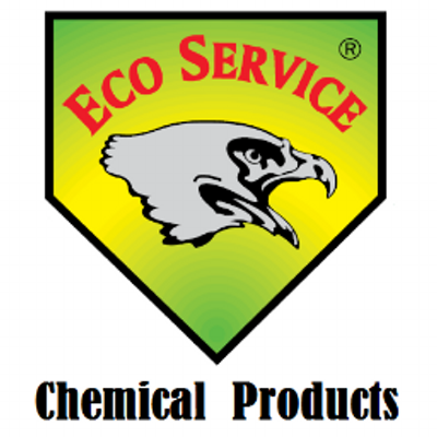Logotipo Eco Service Chemical Products com águia e texto em cores verde, amarelo, vermelho e preto