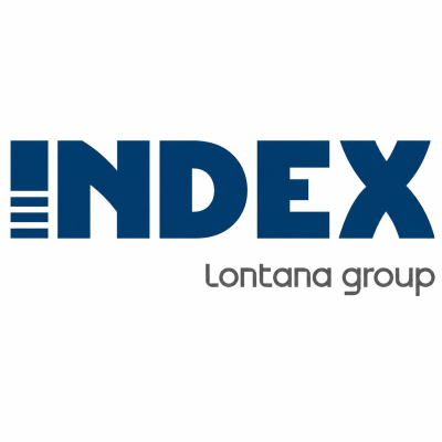 Logótipo azul INDEX com texto Lontana group em cinzento