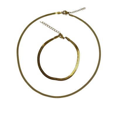 Conjunto colar e pulseira dourados com fechos e correntes extensoras