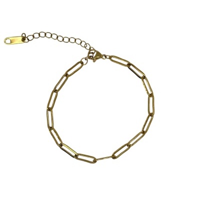 Pulseira de metal dourado com elos alongados e fecho de lagosta.