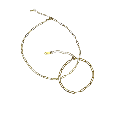 Conjunto colar e pulseira dourados com elos alongados