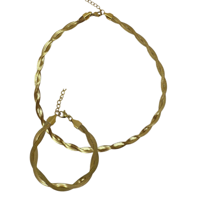 Conjunto colar e pulseira dourados com padrão retorcido