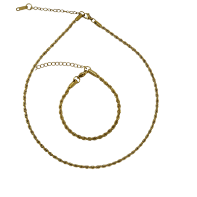 Conjunto dourado de colar e pulseira em corrente entrelaçada