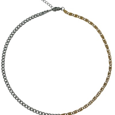 Colar de corrente bicolor prateado e dourado com fecho e extensão