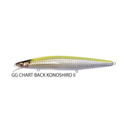 Isca de pesca prateada e amarela com texto GG CHART BACK KONOSHIRO II