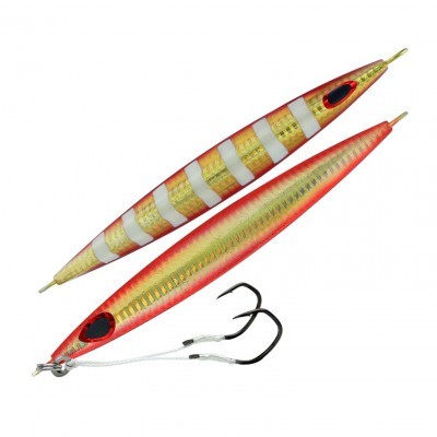 Dois iscos de pesca alongados laranja, branco e dourado com anzóis pretos