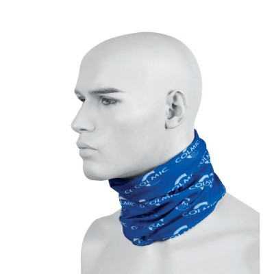 Gola tubular azul com padrão de letras brancas CO LMIC