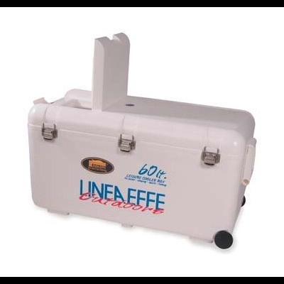 Caixa térmica branca de 60 litros com rodas e tampa aberta