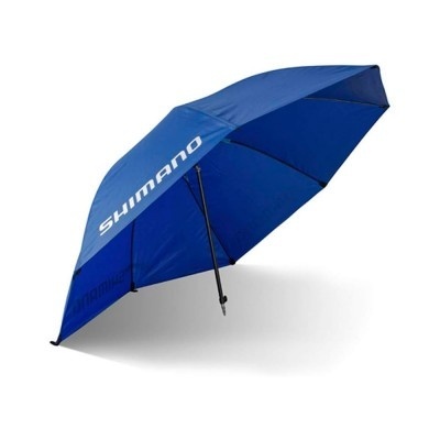 Guarda-chuva azul com texto SHIMANO branco