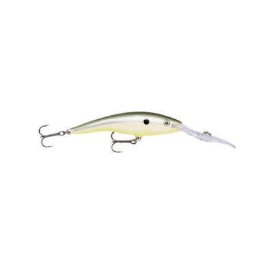 Isca de pesca tipo crankbait cinza, branco e amarelo com dois anzóis tripé
