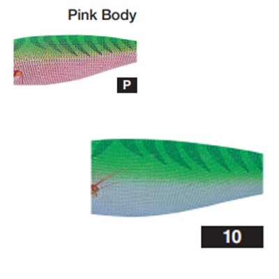 Dois corpos de isca de pesca verdes e rosa com texto e números