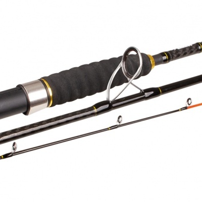 Cana de pesca preta com detalhes amarelos e metal prateado