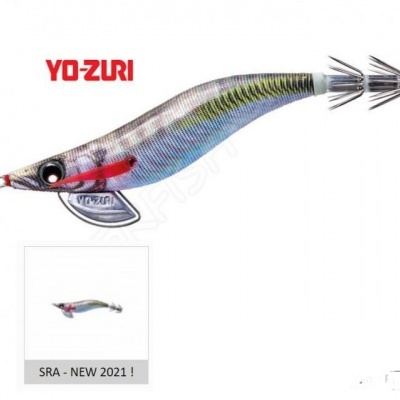 Isca de pesca Yo-Zuri prateada com detalhe azul e verde, textura curvada e pontas metálicas afiadas