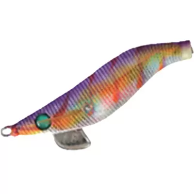 Isca de pesca artificial colorida com barbatana metálica.