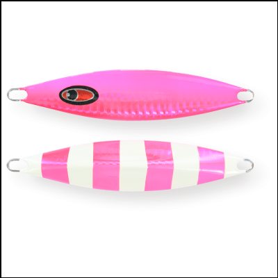 Iscos de pesca metálicos rosa com olhos e riscas