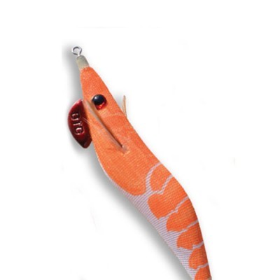 Isca artificial em forma de camarão laranja e branco com detalhe vermelho 'Q10'