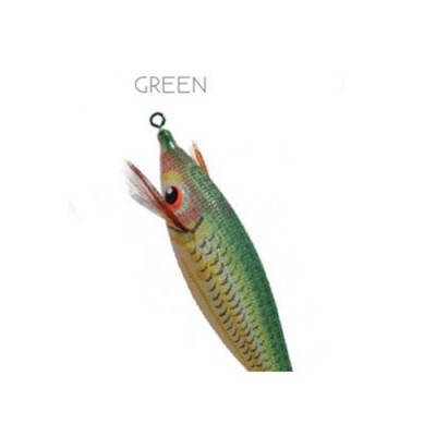 Isca de pesca verde com padrão de escamas e olhos vermelhos