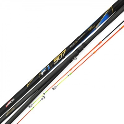 Vara de pesca preta com detalhes coloridos e texto FTl 507