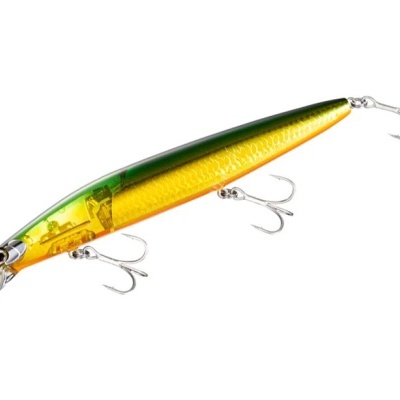 Isqueiro artificial de pesca amarelo e verde com anzóis metálicos