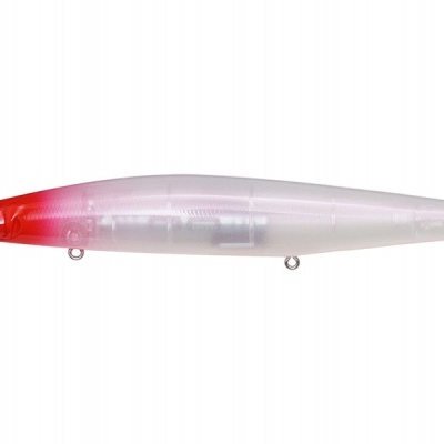 Isca de pesca translúcida com padrão vermelho e branco