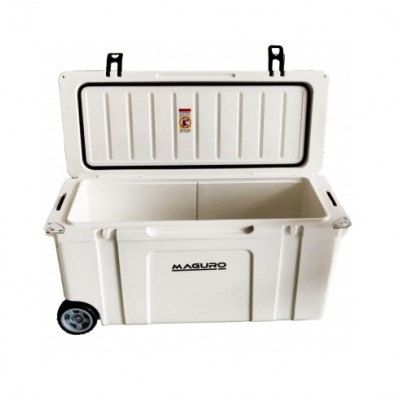 Contentor isolado branco com tampa aberta e rodas