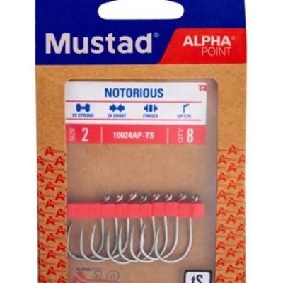 Embala de anzóis Mustad Alpha Point Notorious tamanho 2 em embalagem castanho, azul e vermelho