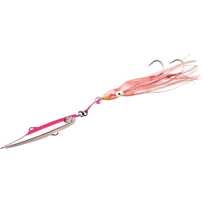 Isca de pesca artificial rosa e branca com cabeça de lula cor-de-rosa e anzol