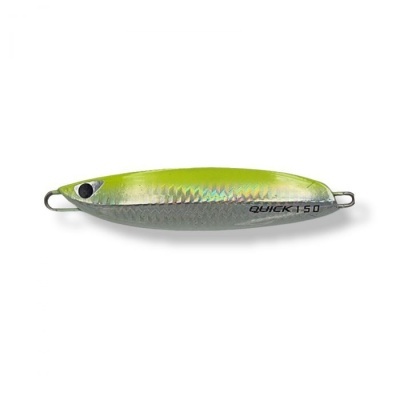 Isca de pesca metálica verde-limão e prata holográfica com texto QUICK 150