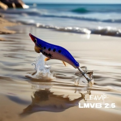 Isca de pesca azul e roxa com pontos pretos na água de uma praia