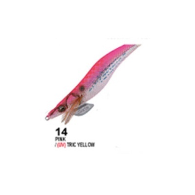 Isca de pesca em forma de lula rosa com detalhes amarelos e cinzentos