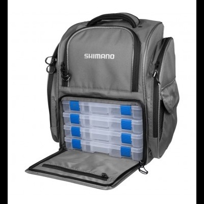 Mochila cinzenta Shimano com caixas transparentes frontais e zíperes pretos