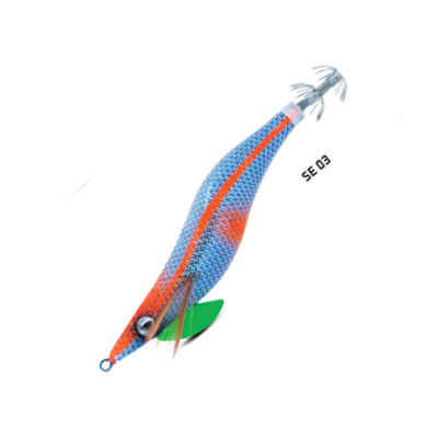 Isca de pesca artificial azul e vermelho com texto SE 03