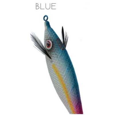 Isca artificial de pesca azul com detalhes coloridos e olhos vermelhos