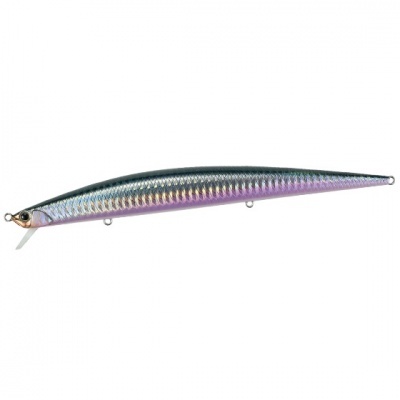 Isco artificial para pesca com corpo longo e fino em tons azul, prateado e roxo
