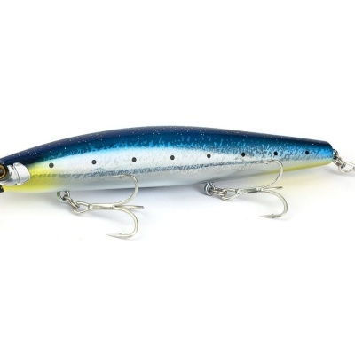 Isca artificial azul, branca e amarela para pesca com três anzóis e hélice frontal