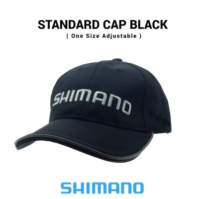 Boné preto com logo branca SHIMANO e texto explicativo
