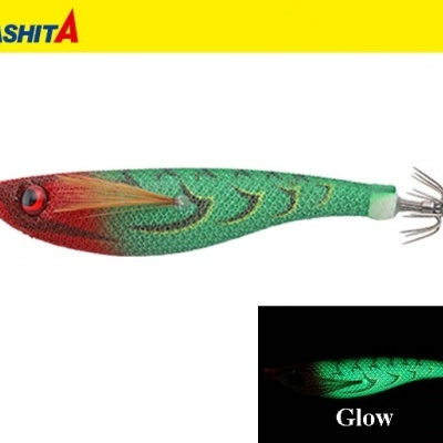 Isca de pesca Yamashita verde e vermelho com brilho.