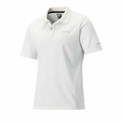 Polo branco de manga curta da marca Shimano com logotipos bordados