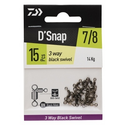 Pacote de 15 unidades de D'Snap 3 way black swivel em Black Nickel tamanho 7/8 com resistência até 14 Kg para pesca.