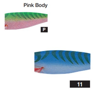 Corpos de isca de pesca rosa e verde e azul com padrões e números