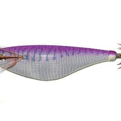 Isca de pesca com corpo prateado e púrpura e anzóis duplos