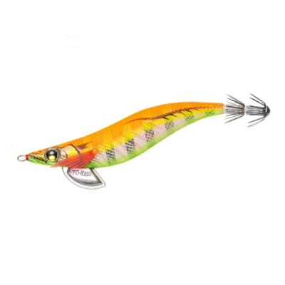 Isaca de pesca em forma de lula, cores laranja, verde e amarelo, anzóis duplos, marca TO-RED.
